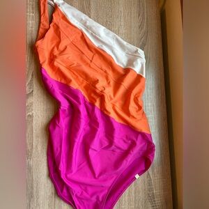 Summersault viral swimsuit one shoulder size 14long pink, white and orange